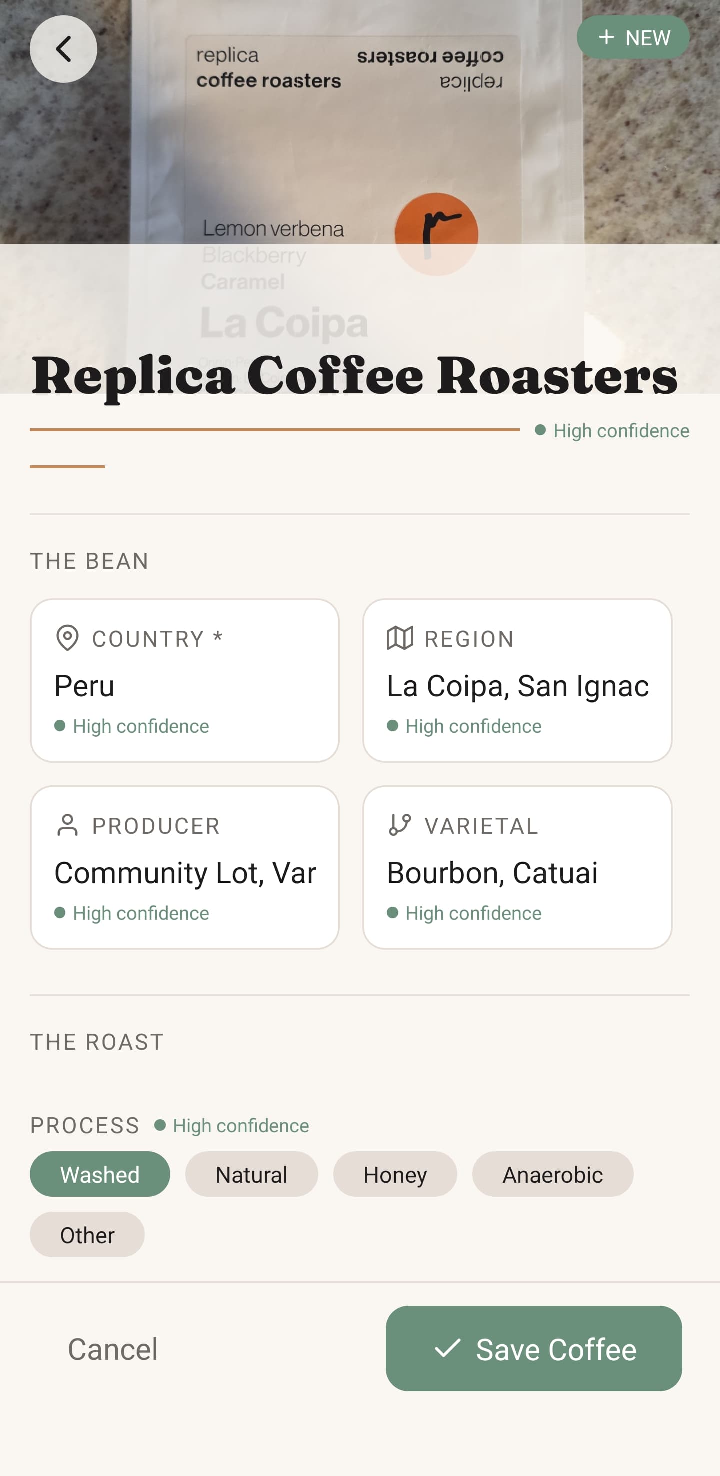 Scan results showing coffee details